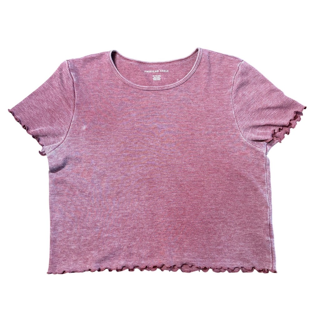 American Eagle Womens XL Maroon Waffle Knit Lettuce Edge Short Sleeve Crop Top